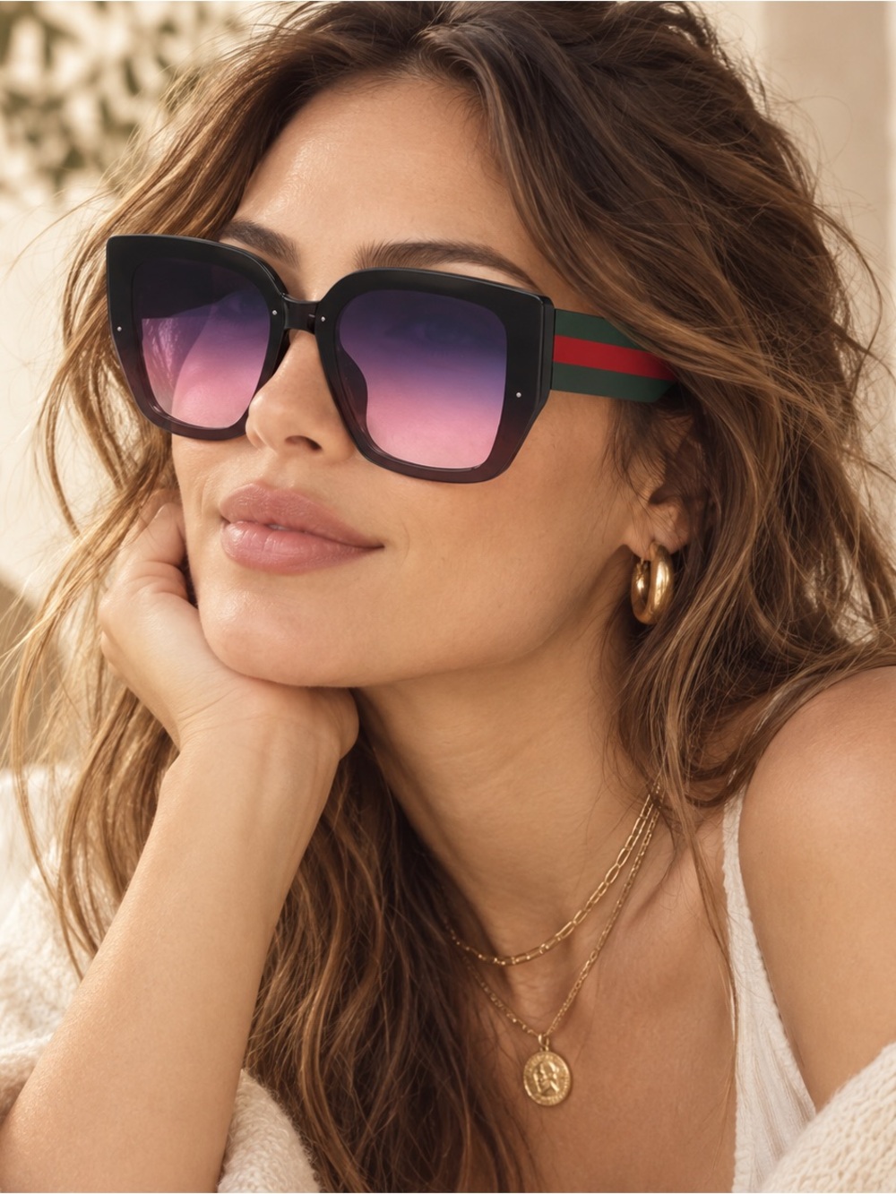 Designer-Inspired Black Frame Sunglasses with Purple Gradient Lenses